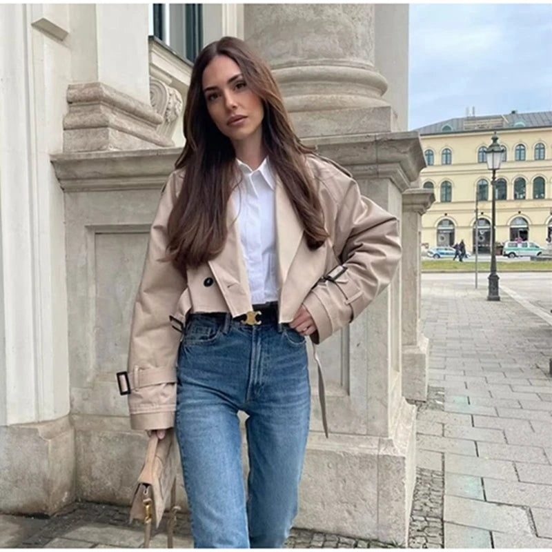 Belt Cropped Trench Jacket Women Autumn Fashion Vintage Streetwear Double Breasted Long Sleeve Top Female Chic Lady Coat Outfits