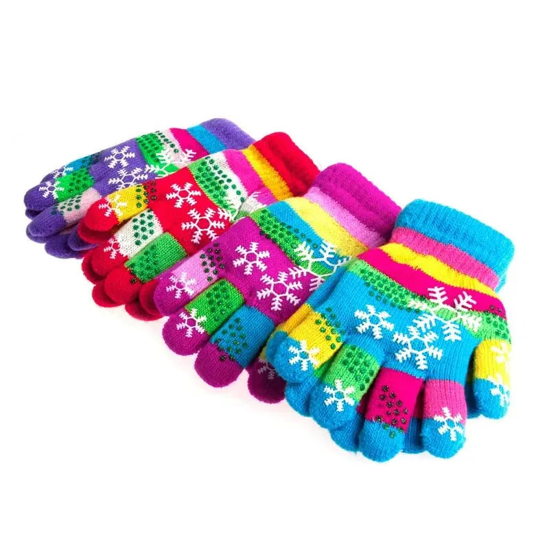 Kids Winter Thick Warm Magic Gloves Unisex Children Knitted Snowflake Patchwork Full Finger Wrist Gloves Mittens Wholesale