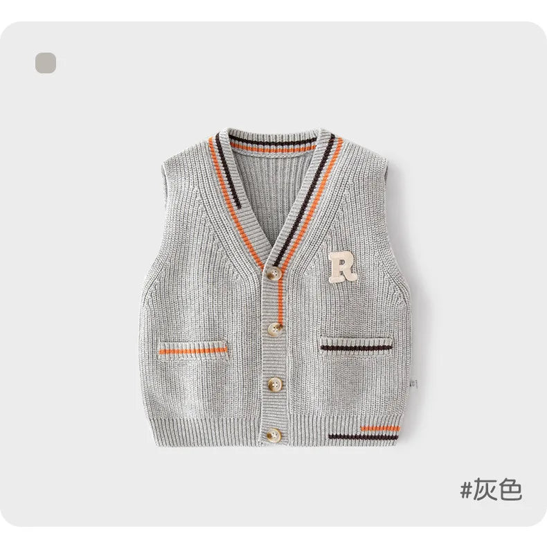 Children's sweater jacket preppy V-neck baby vest sweater Spring and autumn knit boy vest cardigan baby vest top size 66 to 120