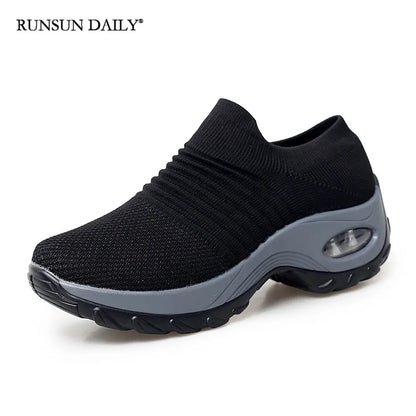 Women's Walking Shoes Fashion Air Cushion Thick Bottom Sneakers Slip-on Lightweight Breathable Casual Shoes