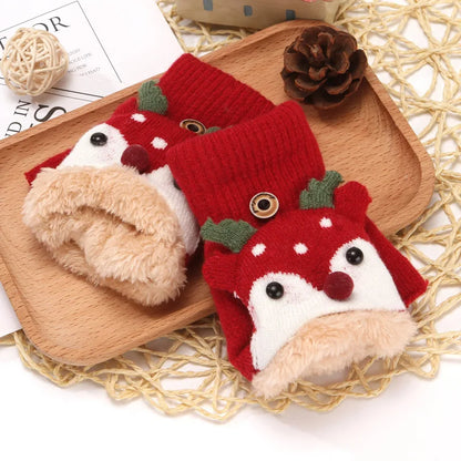 4-12 Years Children Gloves Winter Girls Knitted Half Finger Flip Gloves Plush Thick Warm Cartoon Boy Christmas Deer Kids Mittens