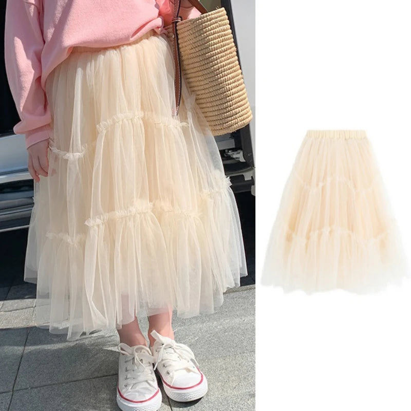 Girl Cake Skirt All-match Solid Color Elastic Waist Girls Summer Skirt