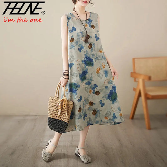 Vestidos De Mujer Summer Dress for Women Floral Print  Cotton Linen Retro New Sleeveless Pullover A-line Loose Long Maxi Dresse