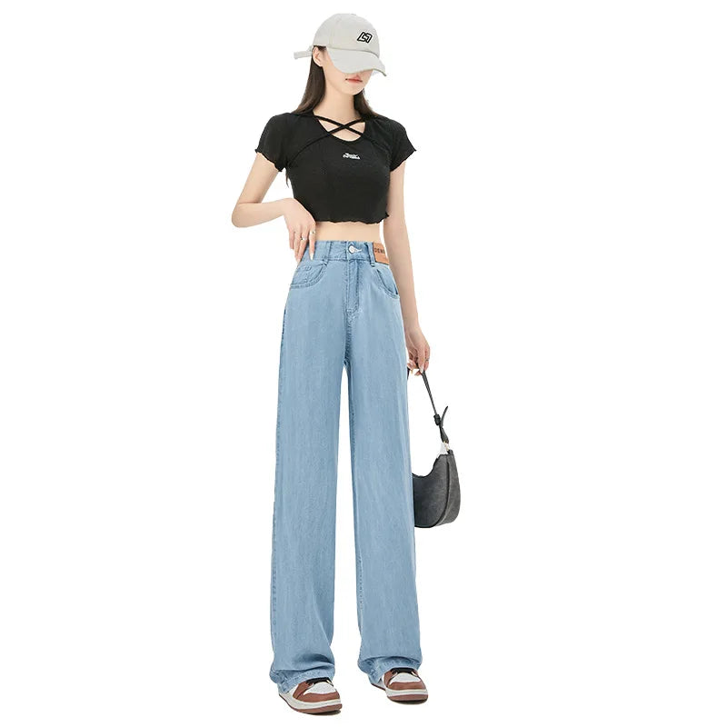 Blue Ice Silk Jeans Women's Summer Thin Straight Pants Micro Speaker Mop Wide Leg Pants Long Pants Y2K Denim Casual Pants Pocket