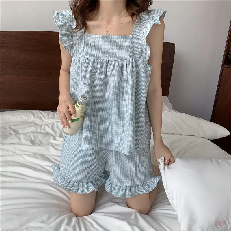 Plaid Sleepwear Women Pajamas Shorts Set Fly Sleeve Korean Kawaii Pijama Ruffles Summer Home Clothes Suit Sleeping Night Wear