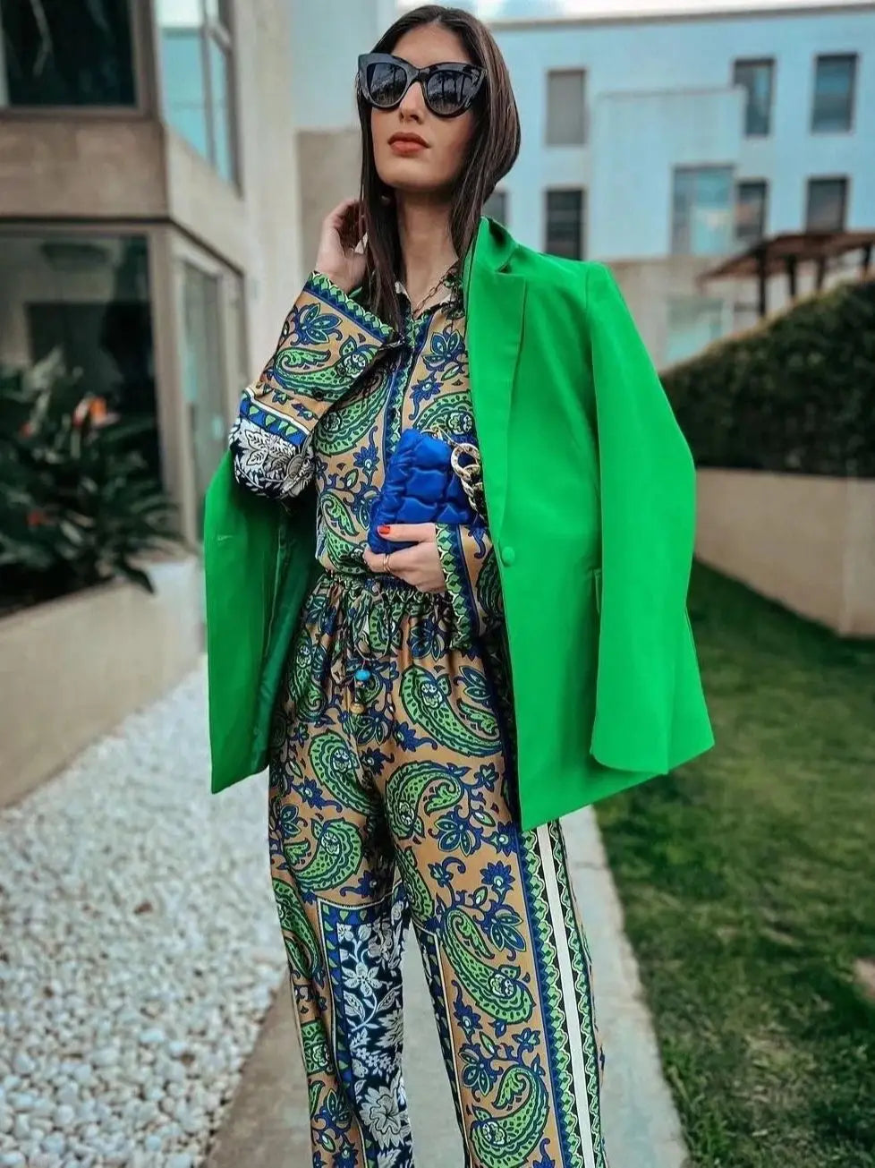 KONDALA Vintage Green Floral Women Suits Long Sleeve Single Button Loose Shirts Women and High Wasit Wide Leg Pants Boho Sets