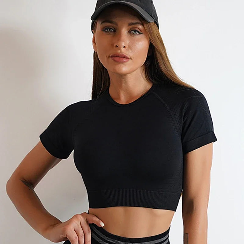 LANTECH Gym Shirts Seamless Crop Tops Yoga Fitness Women Tights Sports Short Sleeve Running Workout Ombre Sportswear Activewear