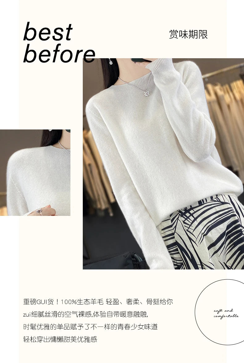 Women 100% Pure Merino Wool Knitted Sweater Autumn Winter Fashion O-Neck Pullover Seamless Jumper Tops Cashmere Warm Clothes