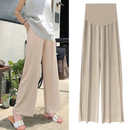 Maternity Ice Silk Wide-Leg Pants for Summer, Loose and Thin with Pleats  Nine-Point Pregnancy Trousers