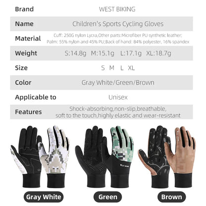 WEST BIKING Cycling Gloves Children's Full Finger Gloves Safety Riding Bike Breathable Soft Motorcycle Children Gloves Supplies