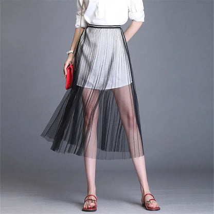 Women Sexy Mesh Lace Transparent Long Tulle Skirt Korean Fashion Summer Ladies Elastic High Waist Black White Beach Midi Skirt