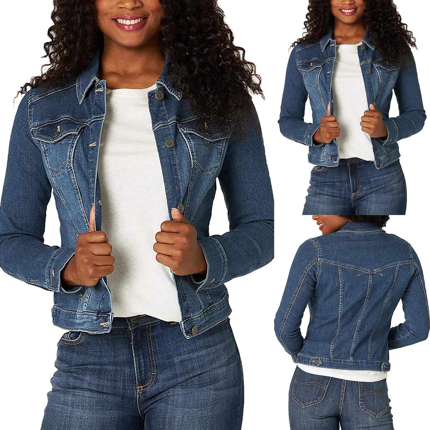 Women's Casual Denim Jacket Western Basic Lapel Button Up Long Sleeve Trucker Jean Jacket Biker Coat Tops