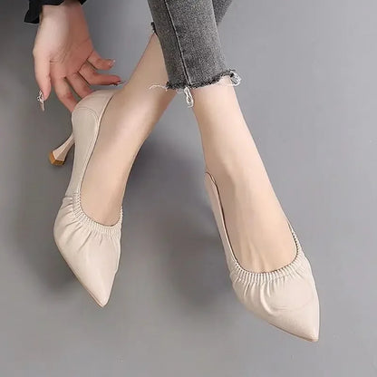 2024 Leather Office Work Shoes,Women Pumps,High Heels,Pointed Toe,Shallow Out Slip On,Solid Colors,Black,Beige,Dropship