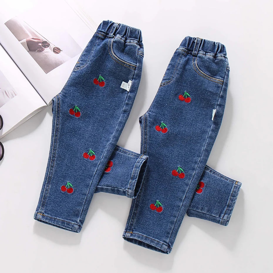 Jeans For Girls Cherry Pattern Jeans Girl Casual Style Jeans Kid Spring Autumn Children Clothes