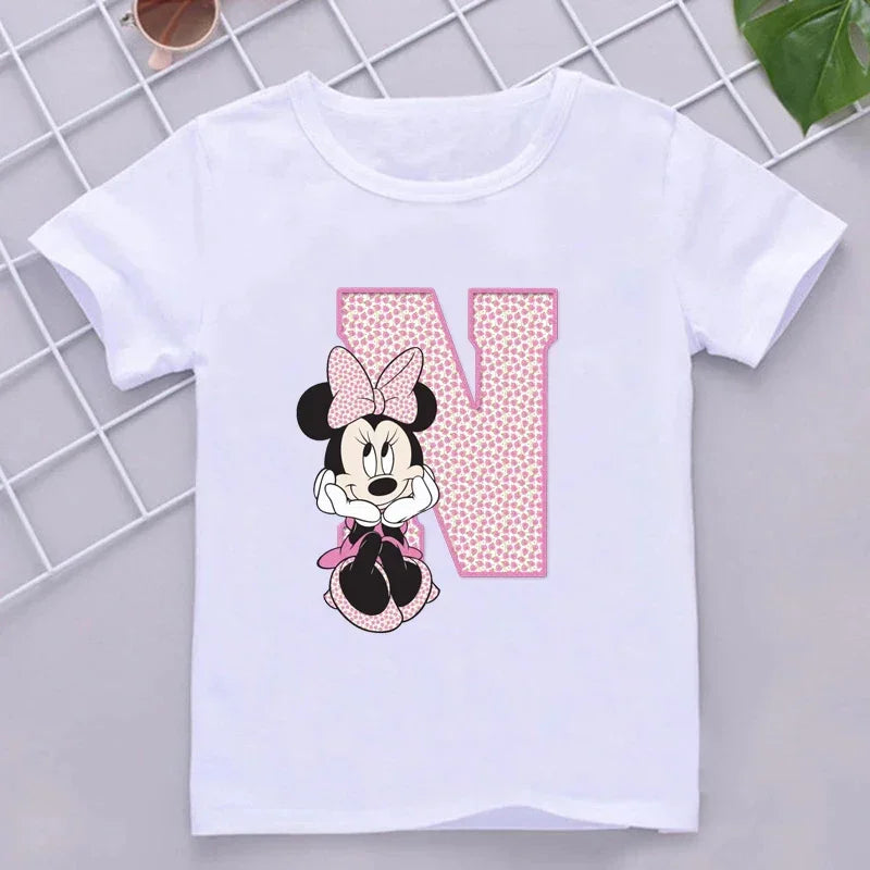 Minnie Children Cotton T-Shirts Letter A-Z Name Combination Disney Kawaii Cartoons Clothes Kids Little Boy Girl Tee Casual Tops