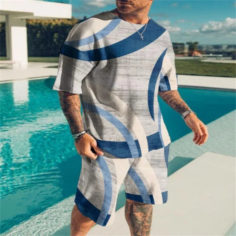 Summer Beach Men's Tshirt Set 3D Print Geometric Pattern Men Woman Round Neck T-Shirt Shorts Two Piece Set Casual Man Clothing