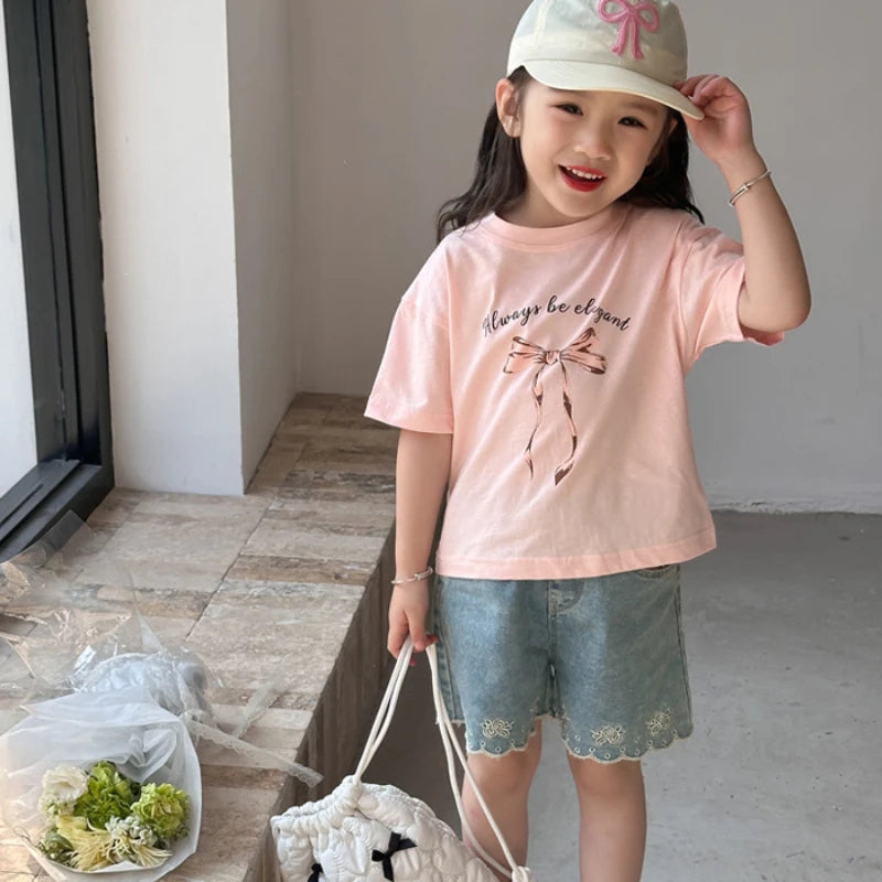 INS Korean Baby Tshirt 2024 Summer New Girl's Bow Ribbon T Shirt Children Fashion Short-sleeved Tops or White Skirt