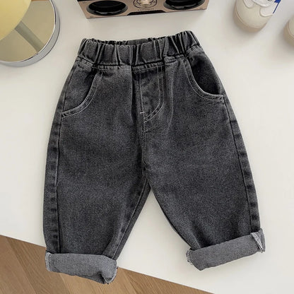 Korean Style Solid Color Cowboy Casual Fashion Pants Kids Elastic Waist Trousers Spring Autumn Baby Girls Boys Jeans