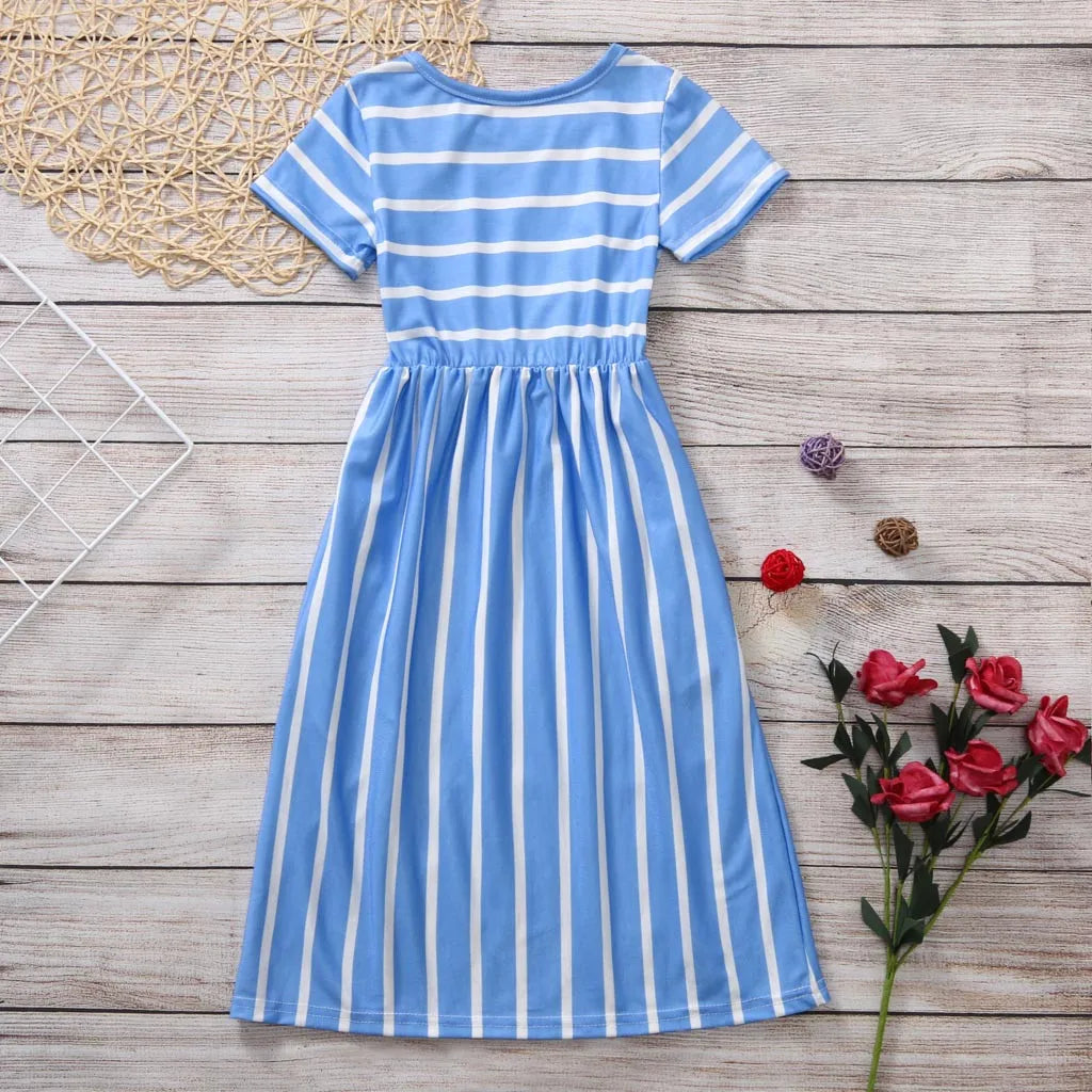 Girls Striped Long Dress Teenager Beach Party Bohemia Maxi Dresses With Pocket Casual Sundress Outfits Beachwear For Children