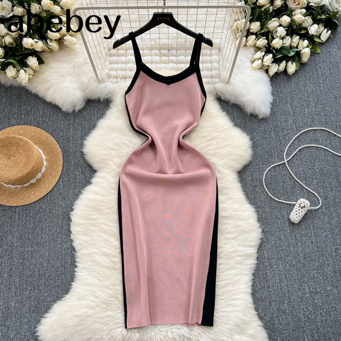 2024 Sexy Contrast Color Knitted Women Dress Summer Strap Elastic Sleeveless Bodycon Dress Europe Style Ladies Maxi Long Dress