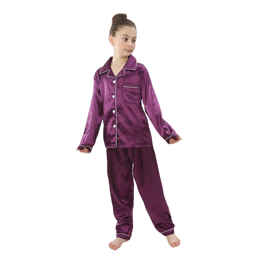 2pcs Boys Girls Pajamas Silk Pants Long Sleeve Solid Button-Down Pyjamas Satin Sets Nightgown Children Sleepwear Kids Loungewear