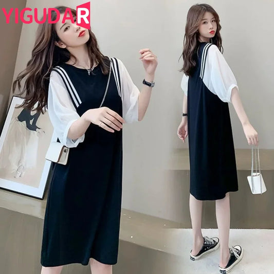 New Pregnant Women Clothes Set for Summer Short Sleeve Cotto Top Strap Chiffon Dress Twinset Loose Maternity Dress Suits