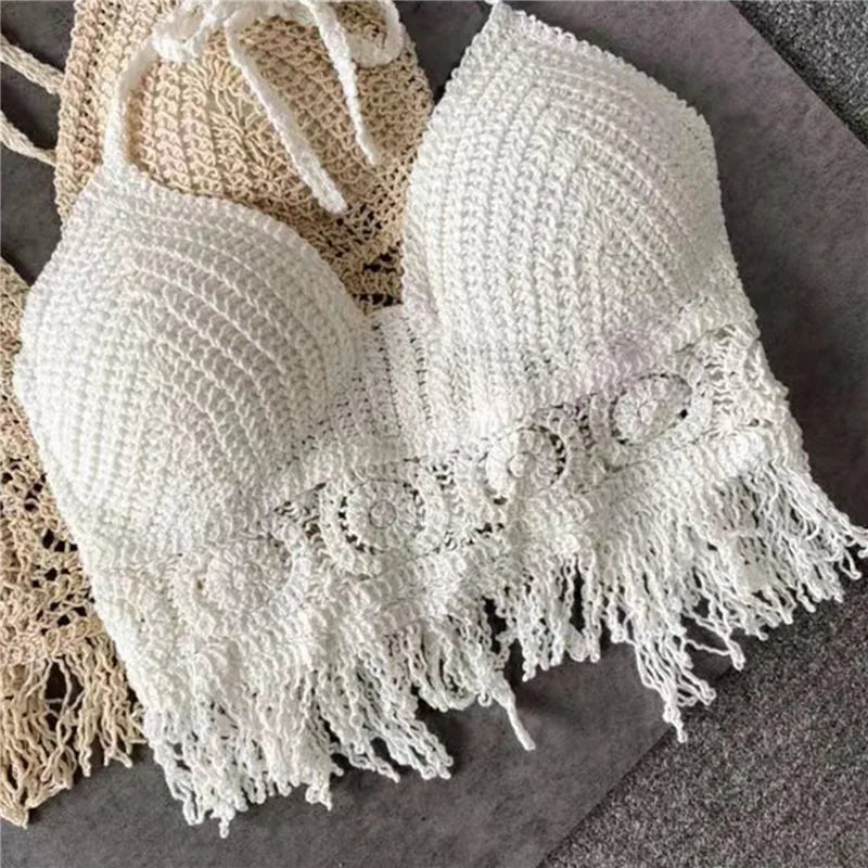 2024 Sexy Knit Backless Short Crop Top for Women Lightweight Hollow Out Crochet Tassels Hem Halter Bras Bustier with Chest Pads