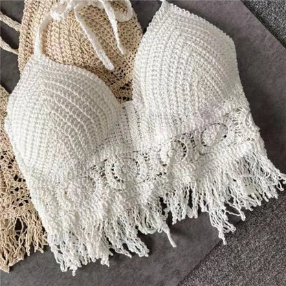 2024 Sexy Knit Backless Short Crop Top for Women Lightweight Hollow Out Crochet Tassels Hem Halter Bras Bustier with Chest Pads