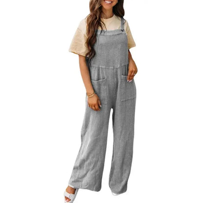 Summer New Women's Casual Solid Color Pocket Square Collar Loose Overalls Jumpsuit Y2k Clothes 2000s Woman Trousers Womens Kpop