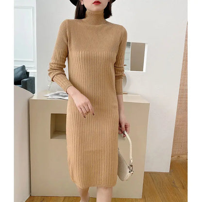 Autumn Winter New Fashion Long Sleeve Solid Half High Collar Sweaters Women's Clothing Loose All-match Knitting Trend Dresses