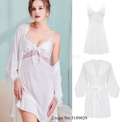 Pin Bow Nightgown Sexy Intimate Lingerie Female Kimono Bathrobe Gown Rayon Sleepwear Lace Trim Nightwear Sleepshirt Loungewear