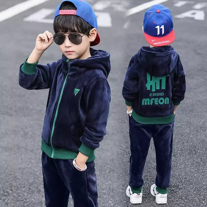 Children Clothing Set Double-sided Velvet Fashion Letter Hooded 2PCS Hoodies Coat +Pants Kids Boys Tracksuit for Autumn Winter