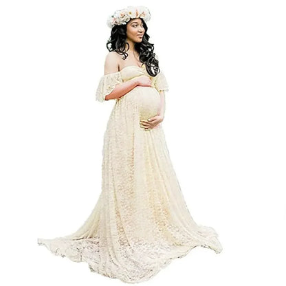 Women Maternity Gown Robe for Photo Shoot  Pregnancy Clothes Dresses Beautiful Lace Tail Short Sleeve Dress