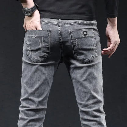 Grey Denim Jeans Male Elastic Pants Fashion Men's Long Thin High Street Small Feet Trousers