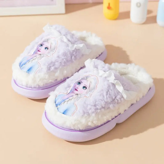 Disney Princess Elsa Winter Children's Cotton Slippers Girls' Frozen Non slip Warm Cartoon Baby Slippers Pink Blue Shoes Size 24