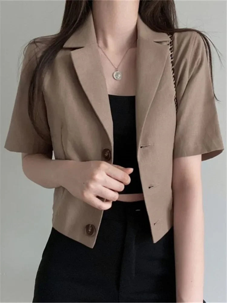 REALEFT Vintage Style Cotton and Linen Suit Women's Blazer 2024 Spring Summer Solid Color Short Sleeve Casual Short Outwear Coat