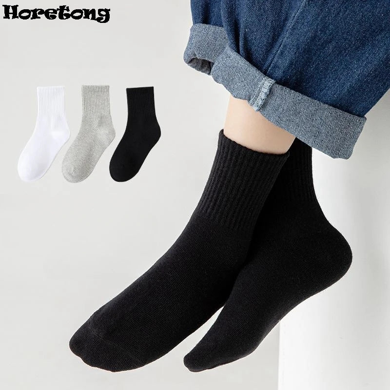 Horetong 5 Pairs Pure Cotton Soft Student Socks Breathable Absorbing Sweat Sport Socks Boys Girls Middle Tube Sock For 3-13 Year