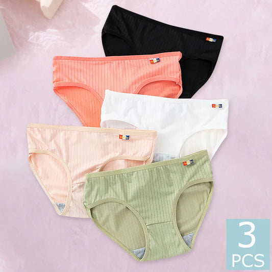 3Pcs/Set Women's Cotton Stripe Panties Underwear Breathable Low Wiast Briefs Comfortable Lingerie Underpants