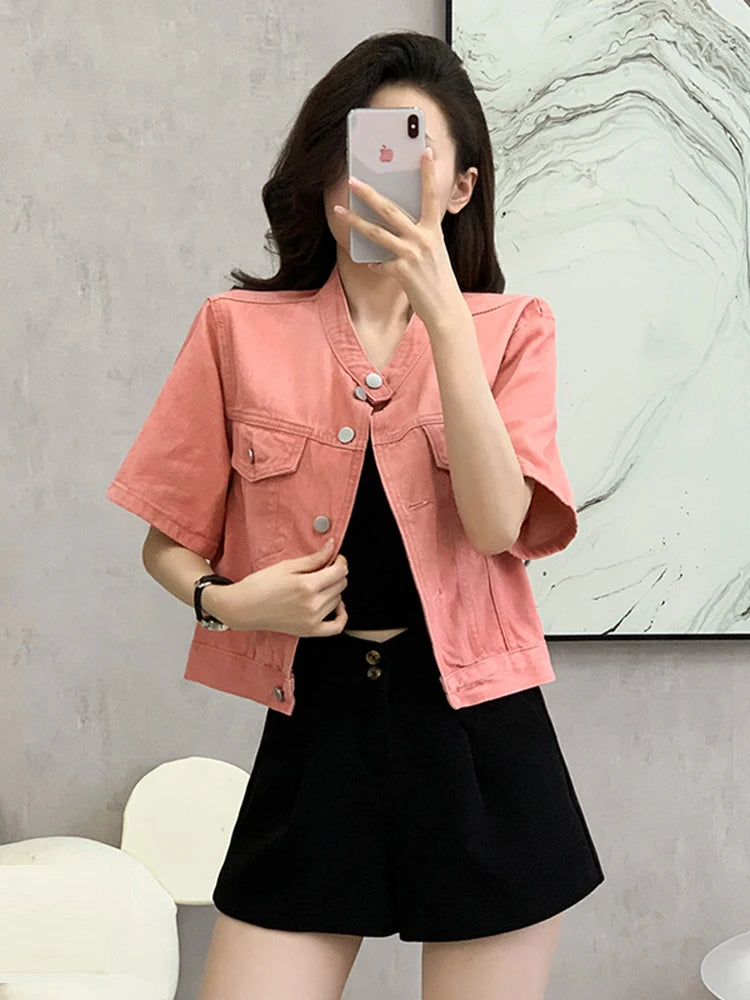 Pink Streetwear Summer Denim Coat Woman Casual O-Neck Short Sleeve Single-Breasted Thin Jeans Jacket Outwear