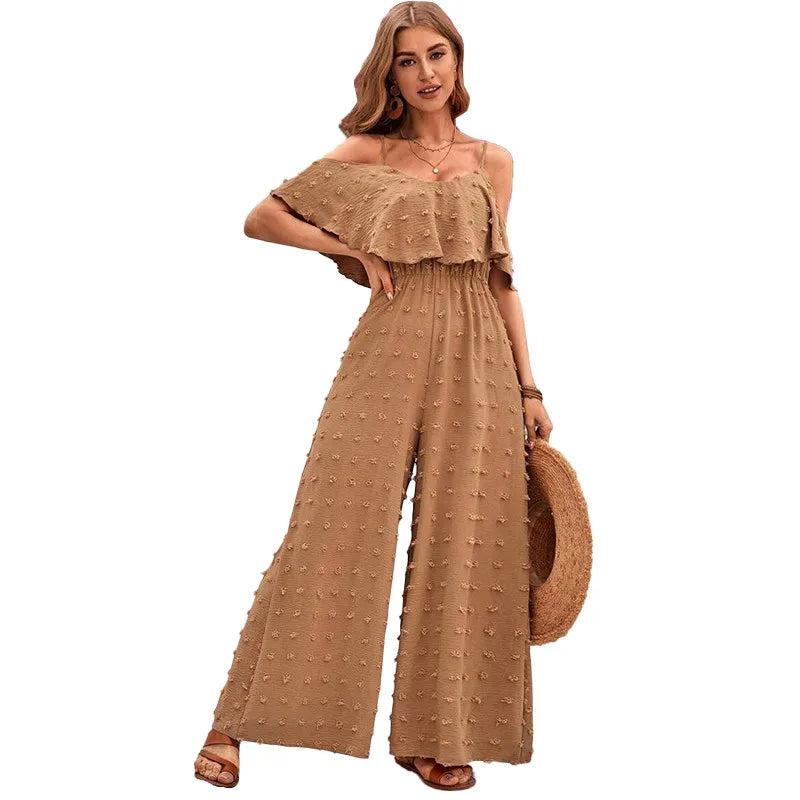 Woman Shoulder-off Bib Flounce Jumpsuits Summer Autumn Casual Loose Solid Pants for Women Female Spaghetti Strap Wide Leg Suit