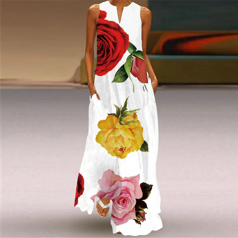 Fashion V-Neck Printed Sleeveless Women Maxi Dress Summer Casual Loose Straight Beach Long Dresses Ladies Sundress Lady Vestidos