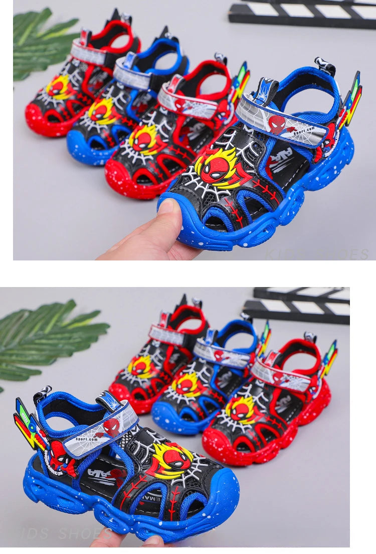 Disney LED Sport Sandals Summer Cartoon Spiderman Sandals for Boys Casual Beach Shoe Soft Sole Kids Shoes