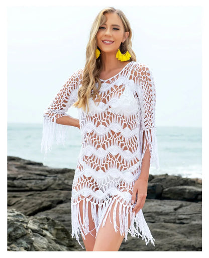 Bikini Cover Up Sexy Hollow out Fringe Beach Dress 2023 Summer Women Bathing Suits Beachwear Tunics Cover-ups