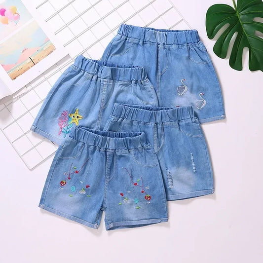 Girls Shorts Jeans Kids Eastic Band Short Pant 2024 Summer 2 To 12 Yrs Children's Clothing Teenagers Cartoon Embroidery Trousers