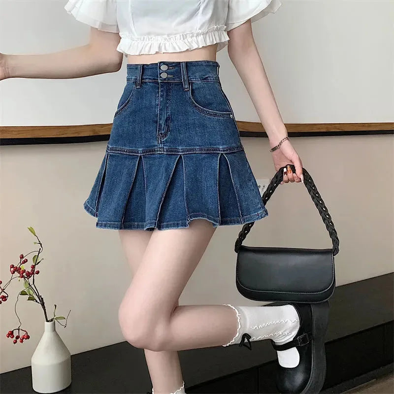 Vintage Blue Denim Pleated Skirt Women Y2K High Waist Ruffle All Match Mini Skirt Ladies Korean Streetwear A Line Jean Skirts