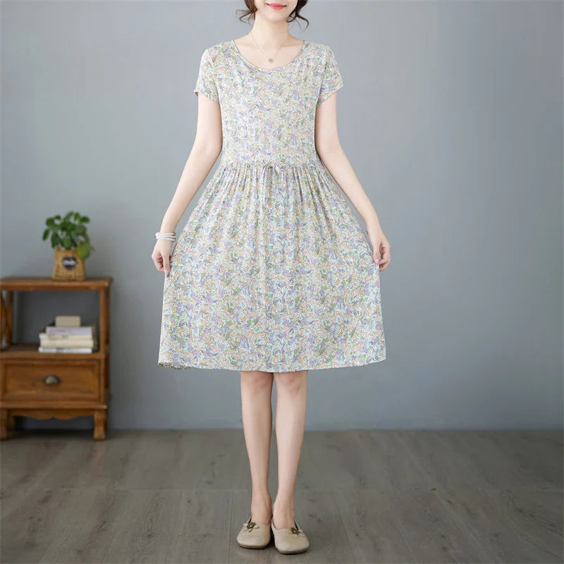 THHONE Summer Dress for Women Floral Casual Print Loose Vintage Draw String Robe Elegant Mini New in Dresses Vestido Feminino