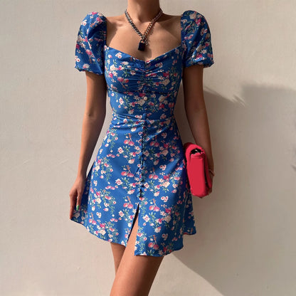 Youthful woman clothes Women's V Neck Fashionable Bubble Sleeve Floral Shorts Dress Dresses on sale clearance