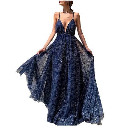 2024 Ladies Elegant Sequins Banquet Wedding Dress Sexy Sling V-Neck High Waist Maxi Dress Women Fashion Shiny A-Line Long Dress