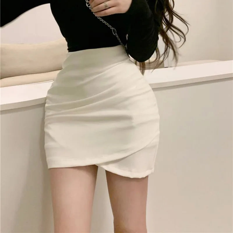 Lucyever Korean Fashion Mini Skirt Women Solid High Waist Irregular Folds Hip Wrap Pencil Skirt Ladies Sexy Slim Short Skirts