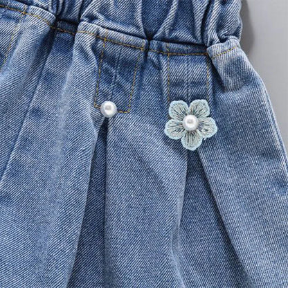 Kids Fashionable Patchwork Rainbow Flowers Jeans Back Dual Pockets Design Summer Thin Girls' Beaded Wide Leg Loose Short Pants